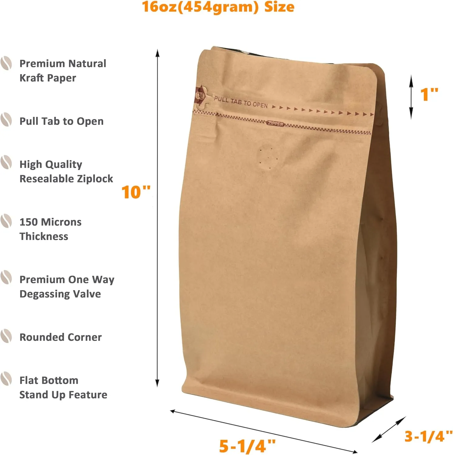 Resealable Side Zipper Coffee Bags with Degassing Valve, High Barrier Natural Kraft Coffee Pouches with Aluminum Foil Liner, Ziplock Food Storage Bags, Longer Shelf Life (100, 16oz/1lb)
