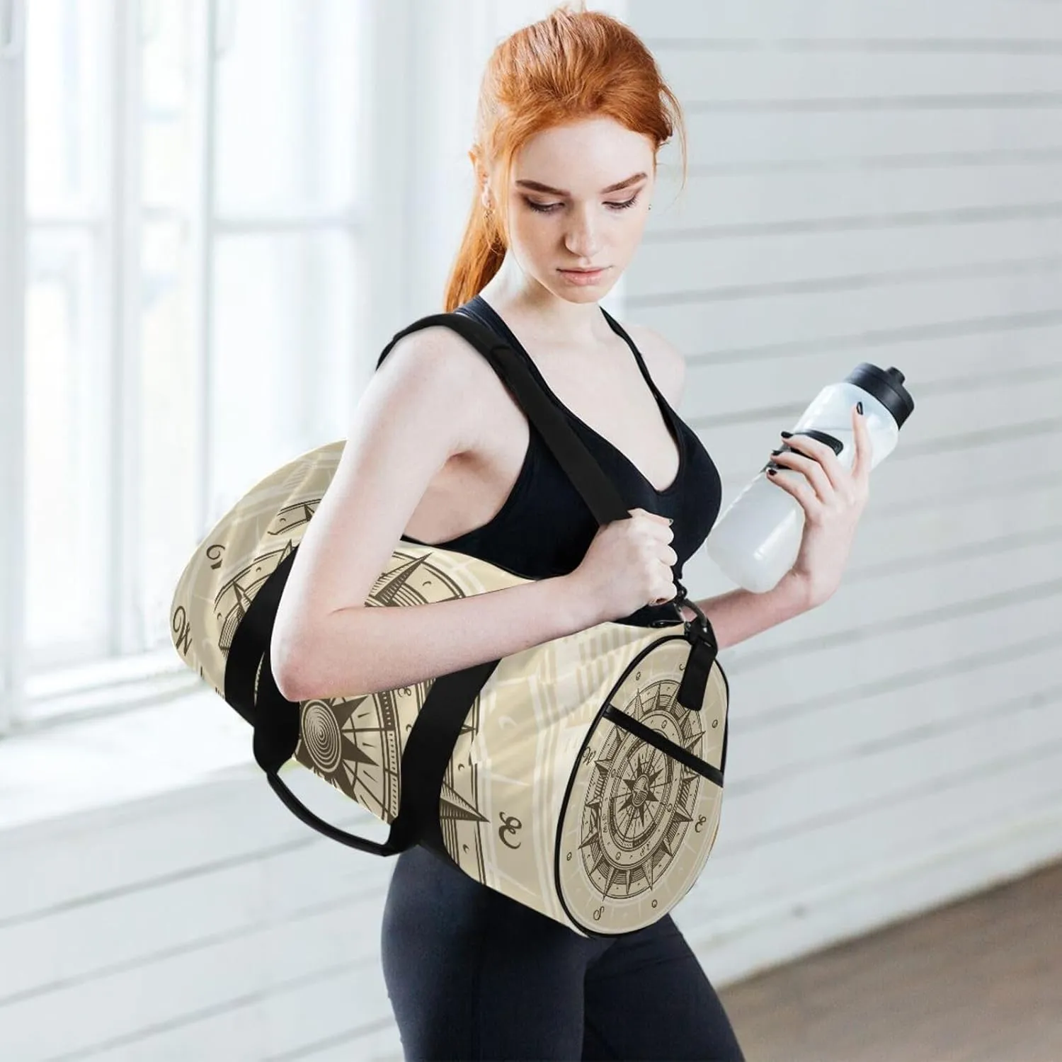 Retro compass in Woodcut Style with Clipping Mask Portable Gym Bag, Travel Bag, Luggage bag, Sports Bag, Toiletry Bag with Handles, Detachable Shoulder Strap 17.6 x 9 x 9 inch