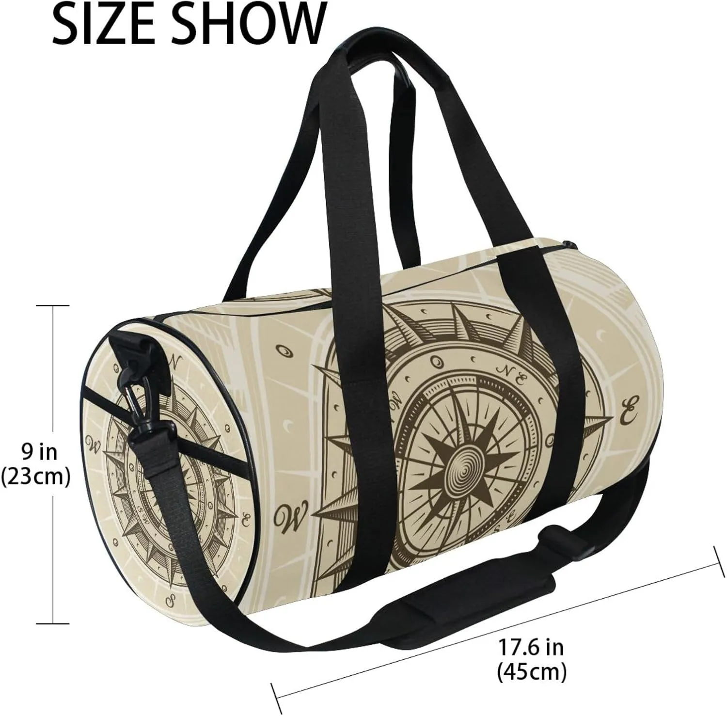 Retro compass in Woodcut Style with Clipping Mask Portable Gym Bag, Travel Bag, Luggage bag, Sports Bag, Toiletry Bag with Handles, Detachable Shoulder Strap 17.6 x 9 x 9 inch