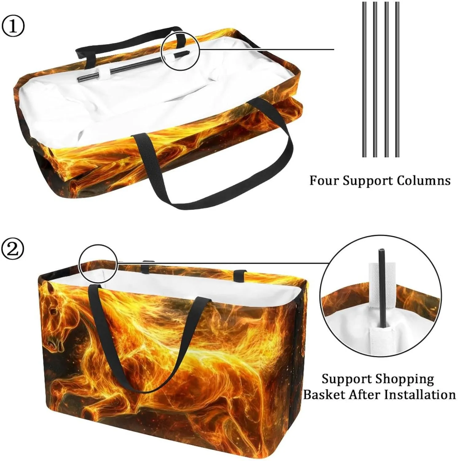 Reusable Grocery Bags Boxes Storage Basket, Flaming Running Horse Collapsible Utility Tote Bags with Long Handle