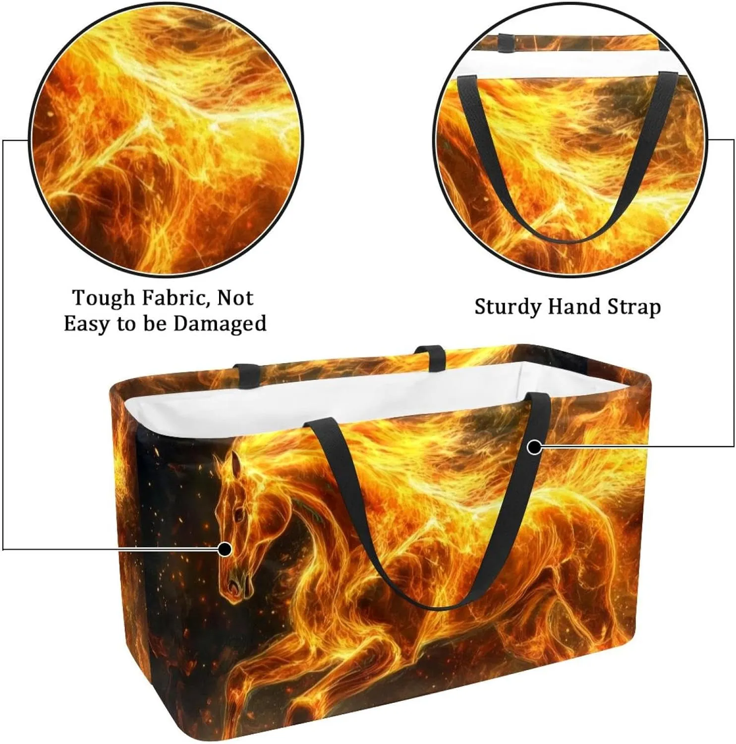 Reusable Grocery Bags Boxes Storage Basket, Flaming Running Horse Collapsible Utility Tote Bags with Long Handle