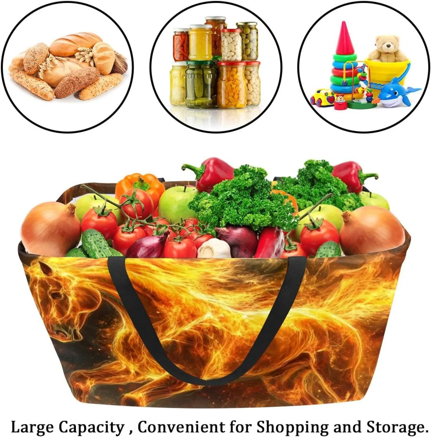 Reusable Grocery Bags Boxes Storage Basket, Flaming Running Horse Collapsible Utility Tote Bags with Long Handle