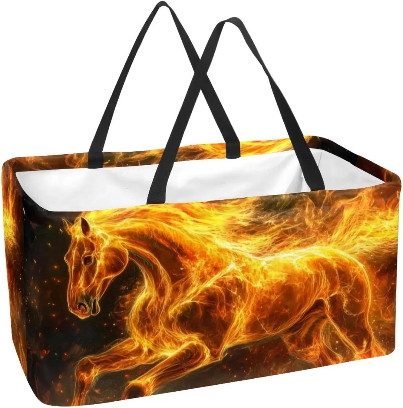Reusable Grocery Bags Boxes Storage Basket, Flaming Running Horse Collapsible Utility Tote Bags with Long Handle