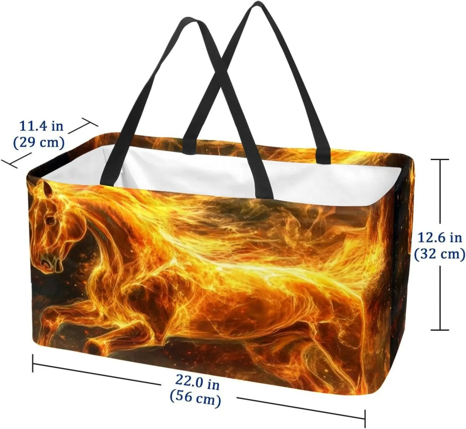 Reusable Grocery Bags Boxes Storage Basket, Flaming Running Horse Collapsible Utility Tote Bags with Long Handle