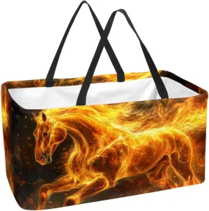 Reusable Grocery Bags Boxes Storage Basket, Flaming Running Horse Collapsible Utility Tote Bags with Long Handle