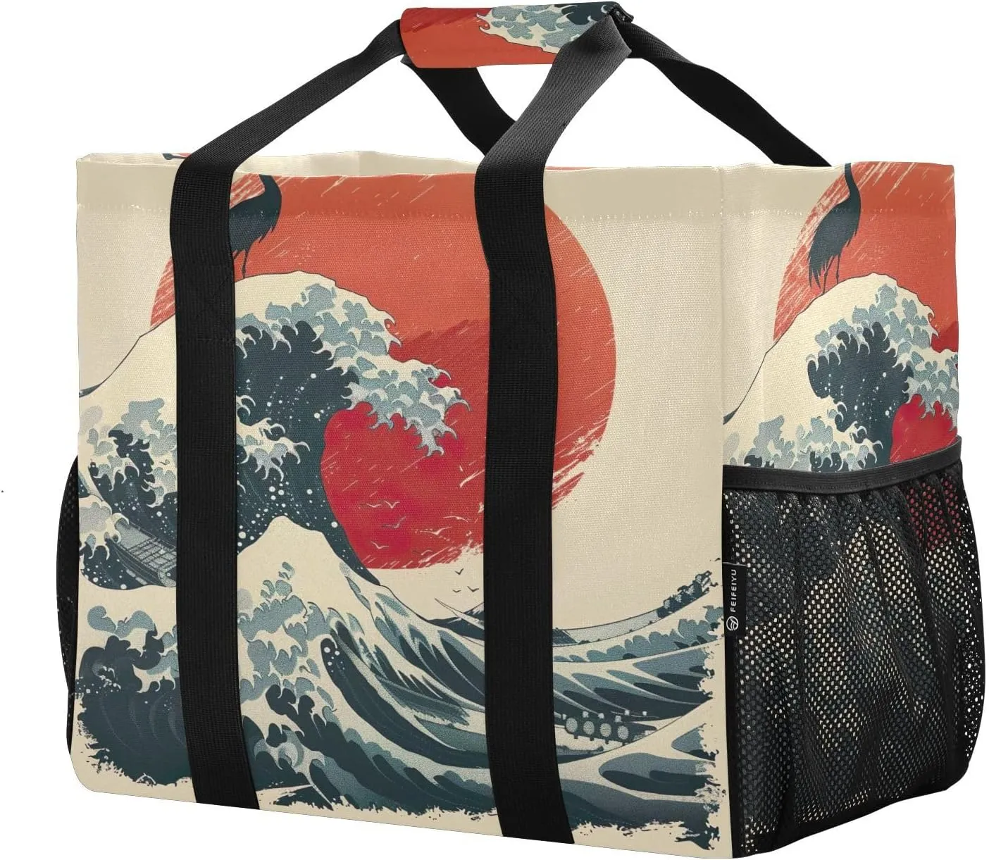 Reusable Grocery Bags with Reinforced Handles & Side Pockets, Crane Sea Waves Waterproof Beach Tote Bag Large Foldable Handbags for Shopping, Travel, Gym