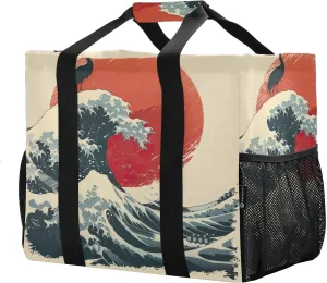 Reusable Grocery Bags with Reinforced Handles & Side Pockets, Crane Sea Waves Waterproof Beach Tote Bag Large Foldable Handbags for Shopping, Travel, Gym