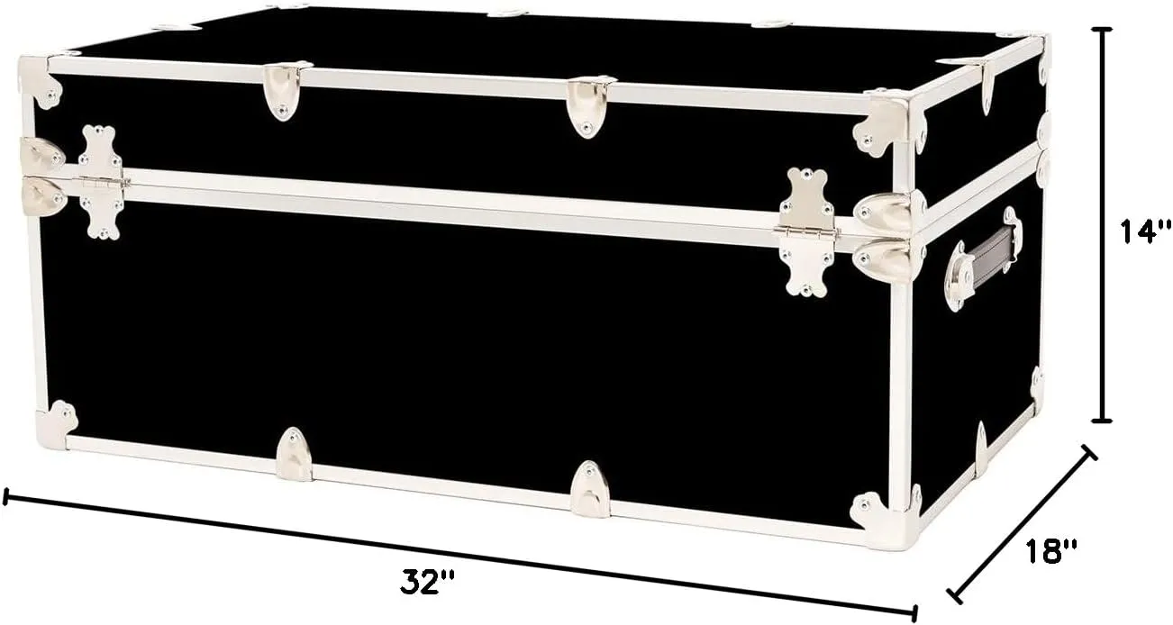 Rhino Trunk & Case Large Armor Trunk With Removable Wheels & Hardwood Tray, Summer Camp Footlocker, College Trunk, Dorm Storage Chest, Strong Trunks Seat Over 1000 Pounds - 32"x18"x14" (Black)