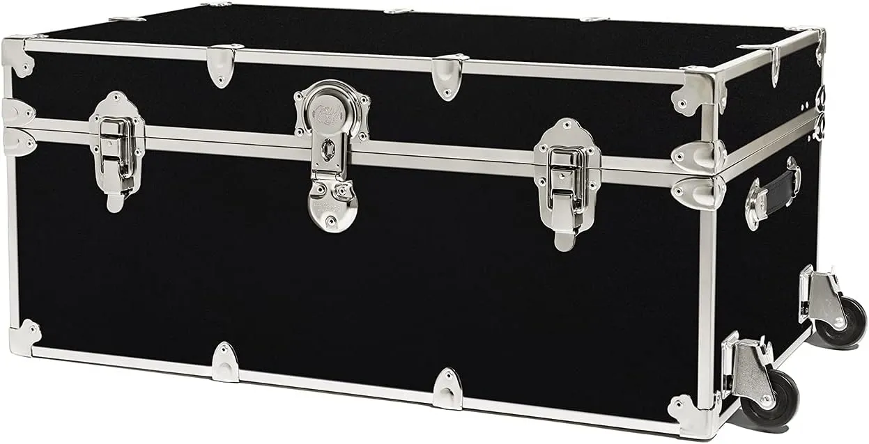 Rhino Trunk & Case Large Armor Trunk With Removable Wheels & Hardwood Tray, Summer Camp Footlocker, College Trunk, Dorm Storage Chest, Strong Trunks Seat Over 1000 Pounds - 32"x18"x14" (Black)