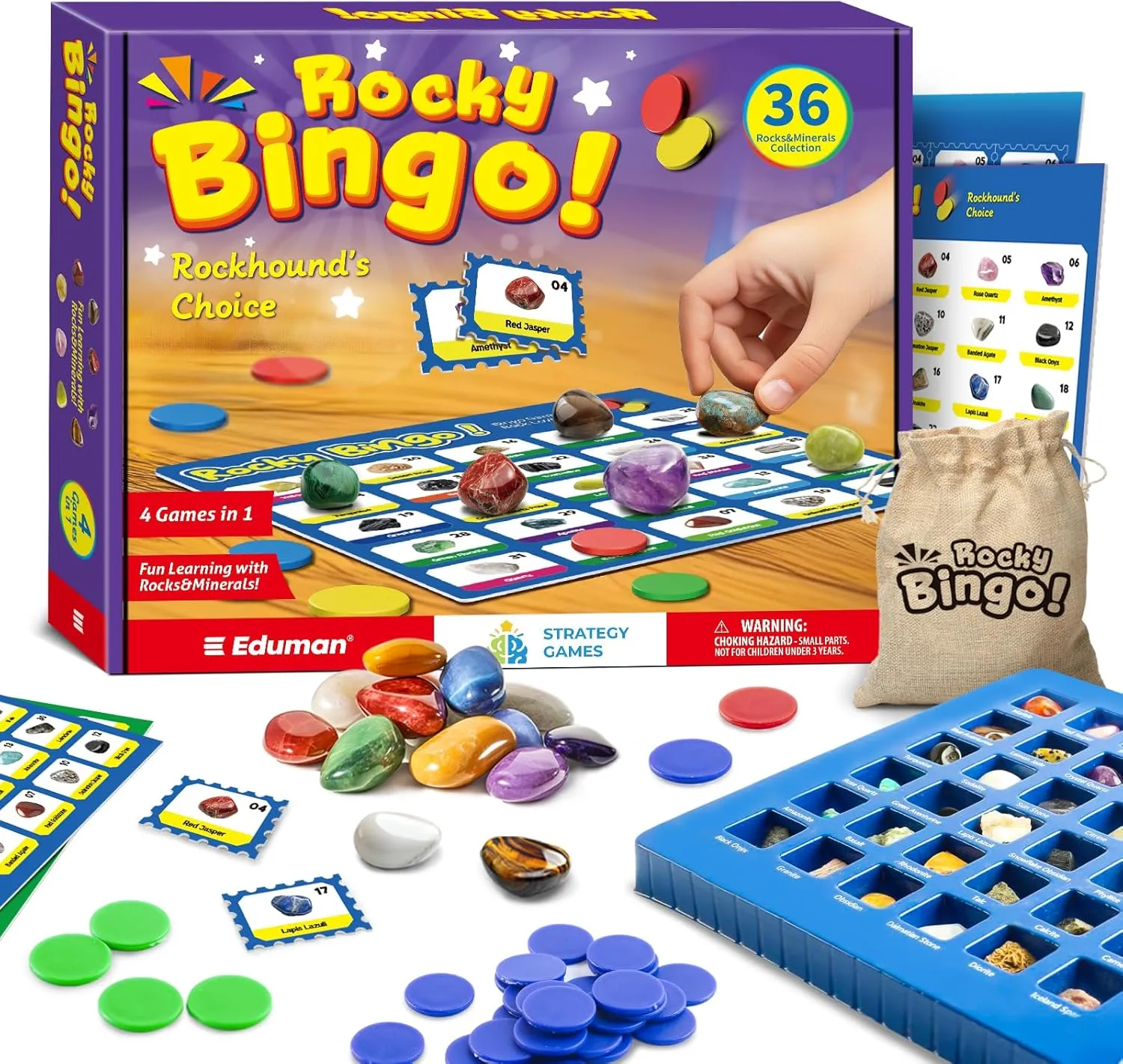 Rocks Bingo Board Games, 36pcs Rock Collections for Kids, Real Rocks and Minerals Set, Gemstones for Kid 6 , Stones Science Kit for Kids, A Geology Educational Stem Gift for Boys and Girls