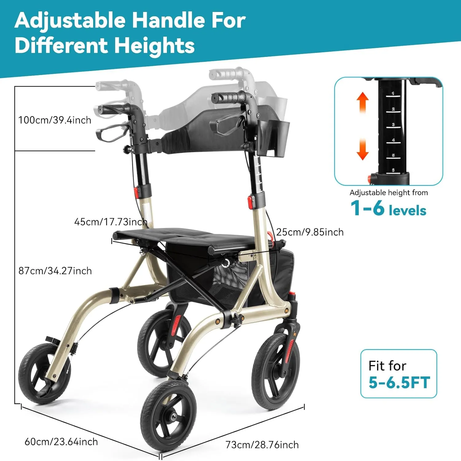 Rollator Walkers for Seniors, 10" Big Rubber Wheels All Terrain Rollator Walker with Adjustable Backrest and Handles, 350 Lbs, Cup Cane Holder, Foldable Lightweight Walker with Seat for Seniors Gold