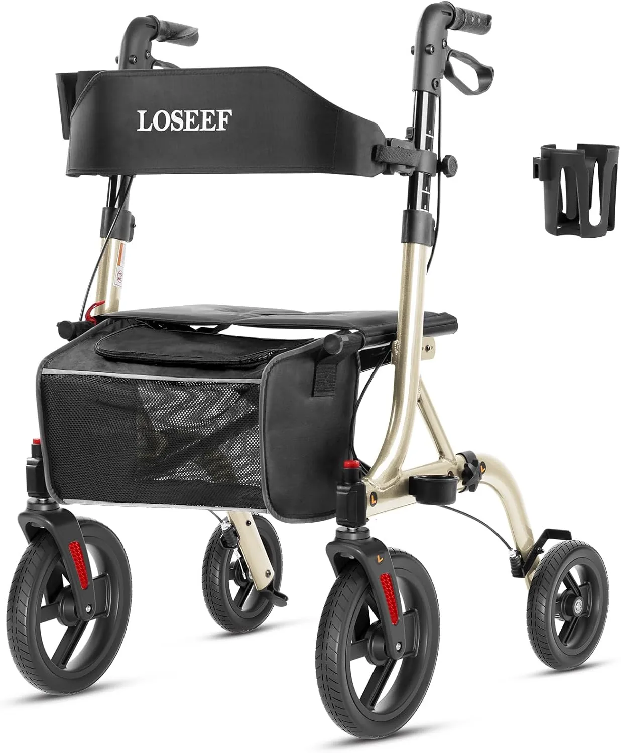 Rollator Walkers for Seniors, 10" Big Rubber Wheels All Terrain Rollator Walker with Adjustable Backrest and Handles, 350 Lbs, Cup Cane Holder, Foldable Lightweight Walker with Seat for Seniors Gold