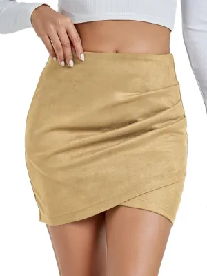 Rooscier Women's Suede Ruched Wrap High Waist Bodycon Zipper Back Mini Skirts