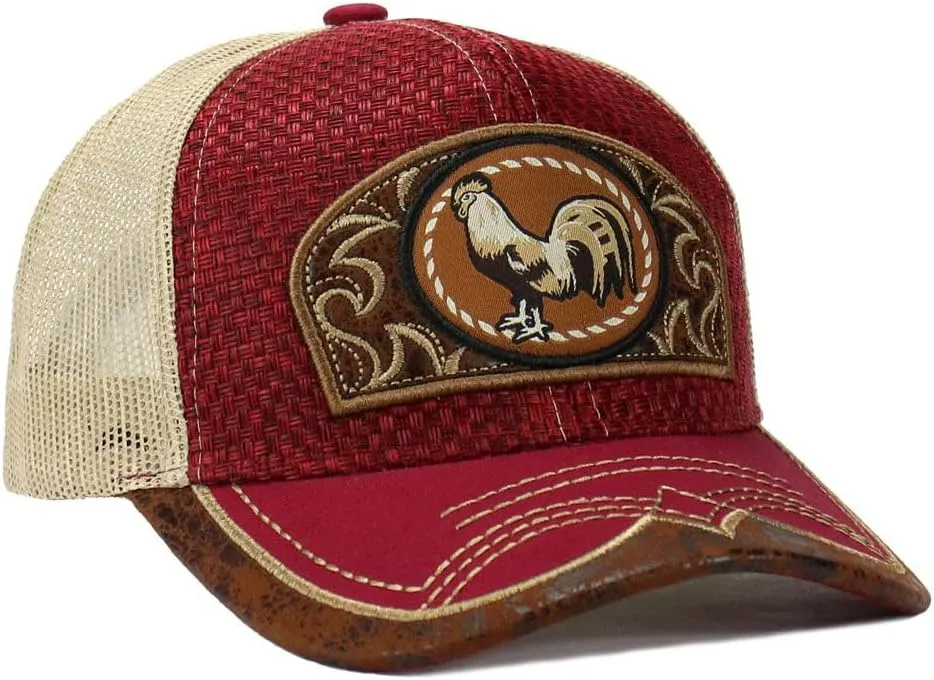 Rooster Straw Cap Mexico Western Style Embroidery Trucker Mesh Snapback Curved Bill Baseball Cap