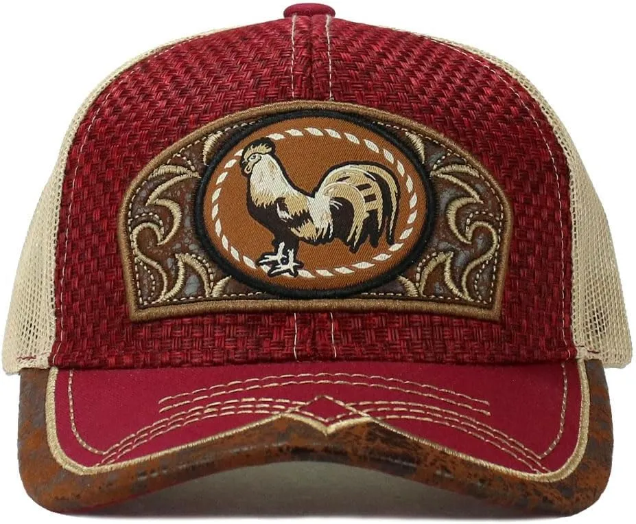 Rooster Straw Cap Mexico Western Style Embroidery Trucker Mesh Snapback Curved Bill Baseball Cap