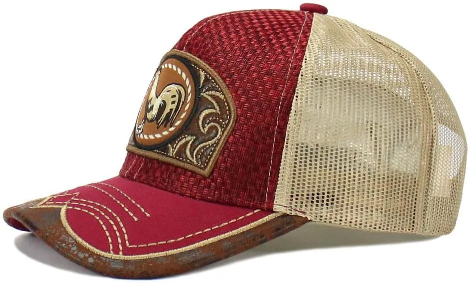 Rooster Straw Cap Mexico Western Style Embroidery Trucker Mesh Snapback Curved Bill Baseball Cap