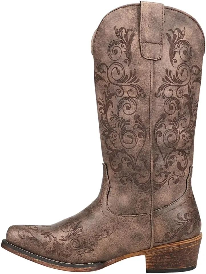 ROPER Womens Tall Stuff Embroidery Snip Toe Casual Boots Mid Calf Low Heel 1-2" - Brown