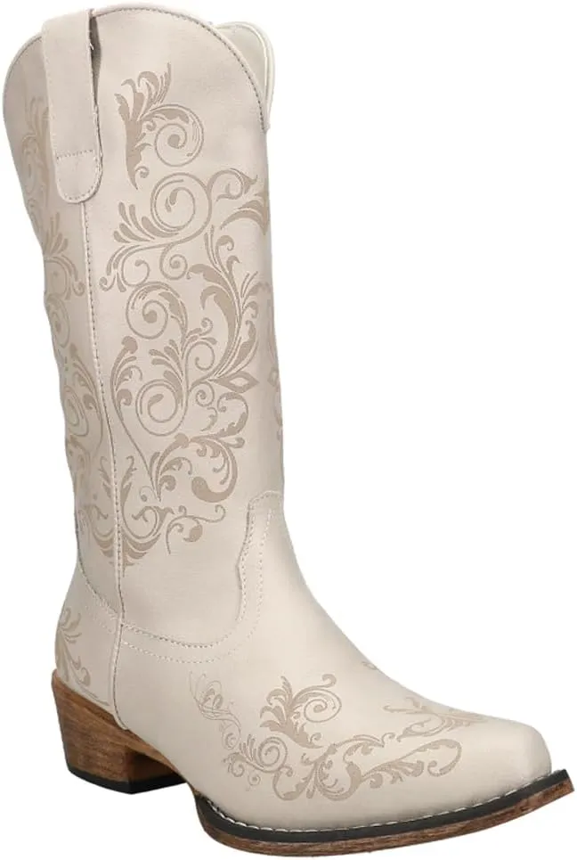 ROPER Womens Tall Stuff Embroidery Snip Toe Casual Boots Mid Calf Low Heel 1-2" - Brown