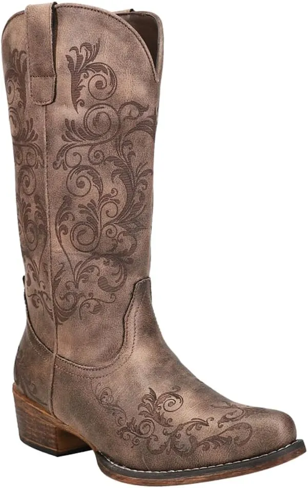 ROPER Womens Tall Stuff Embroidery Snip Toe Casual Boots Mid Calf Low Heel 1-2" - Brown