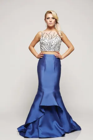 Royal Blue Two-Piece Dress – Beaded Illusion Top with Satin Mermaid Skirt - prom dress