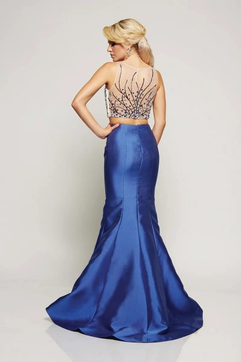 Royal Blue Two-Piece Dress – Beaded Illusion Top with Satin Mermaid Skirt - prom dress