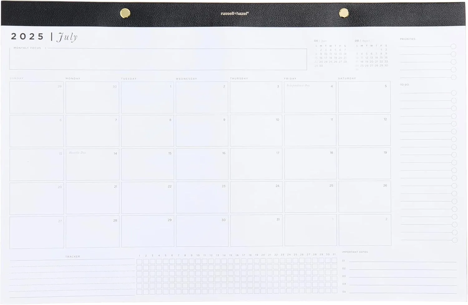 russell hazel Desktop Calendar 2025, 11" x 17" Vegan Leather Top, Gold Rivet & Gilded Edges, 12-Month 2025 Calendar, 1-Count