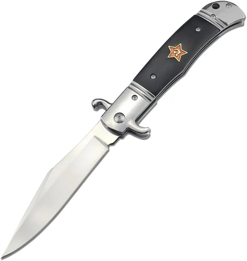 Russian Finka-NKVD KGB Folding Pocket Knife, 3.6"" Mirror Polished 440C Steel Clip Point Blade Colored Wood Handles with Cowhide Sheath, Camping EDC Tools, Gift for Men (Black)