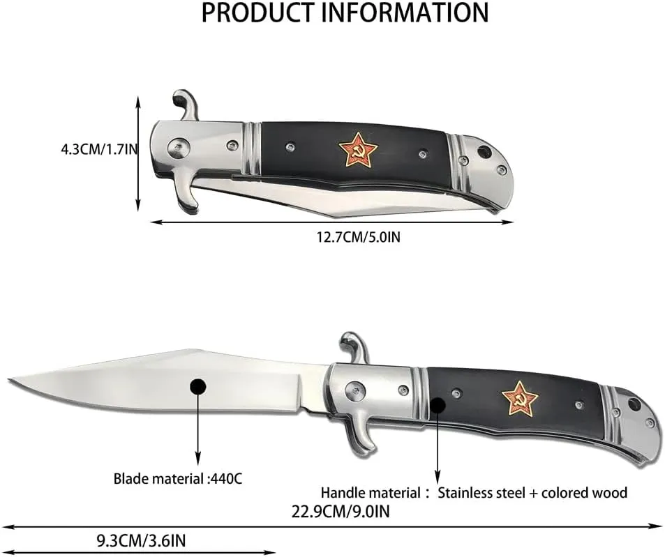 Russian Finka-NKVD KGB Folding Pocket Knife, 3.6"" Mirror Polished 440C Steel Clip Point Blade Colored Wood Handles with Cowhide Sheath, Camping EDC Tools, Gift for Men (Black)