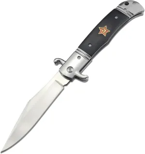 Russian Finka-NKVD KGB Folding Pocket Knife, 3.6"" Mirror Polished 440C Steel Clip Point Blade Colored Wood Handles with Cowhide Sheath, Camping EDC Tools, Gift for Men (Black)