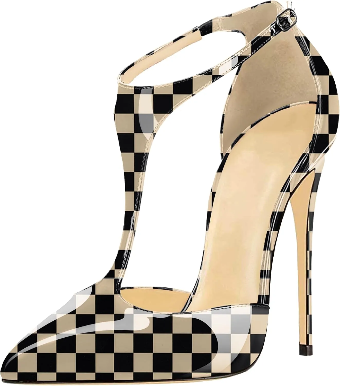 SAMMITOP Women's Pointed Toe High Heel Pumps T-Strap Dress Shoes 12cm Stilettos Heels