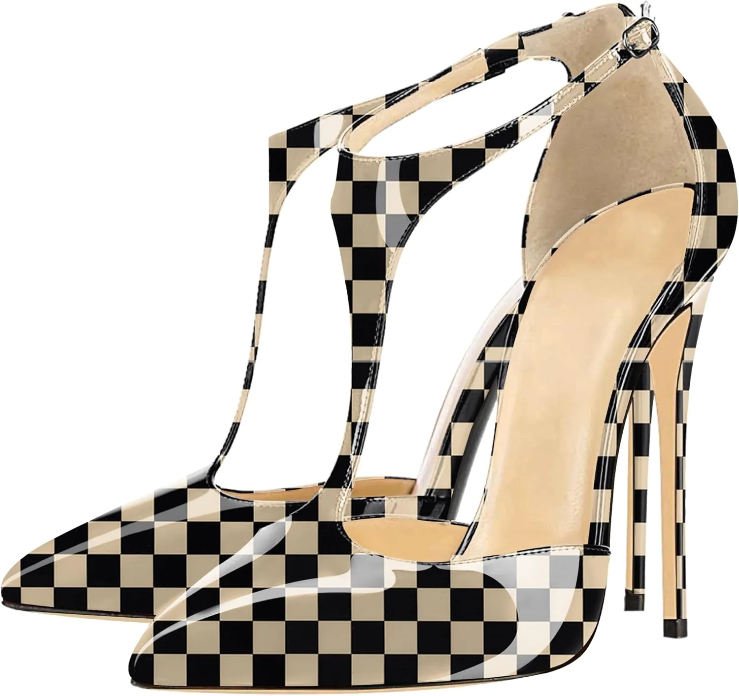 SAMMITOP Women's Pointed Toe High Heel Pumps T-Strap Dress Shoes 12cm Stilettos Heels