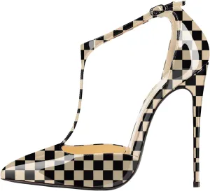 SAMMITOP Women's Pointed Toe High Heel Pumps T-Strap Dress Shoes 12cm Stilettos Heels