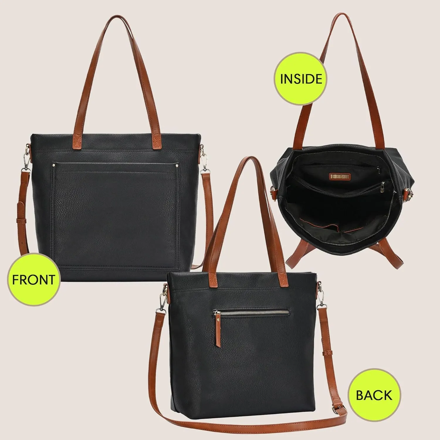 Sasha   Sofi Addison Tote | Vegan Leather Tote with Contract Double Handles and Detachable Crossbody strap