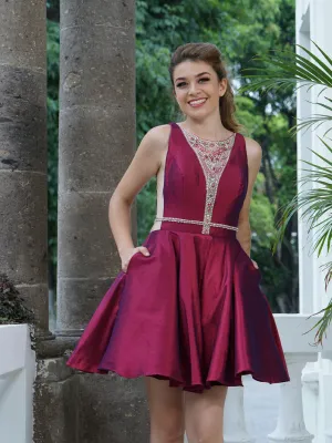 Satin Fit & Flare Dress with Beaded Illusion Neckline