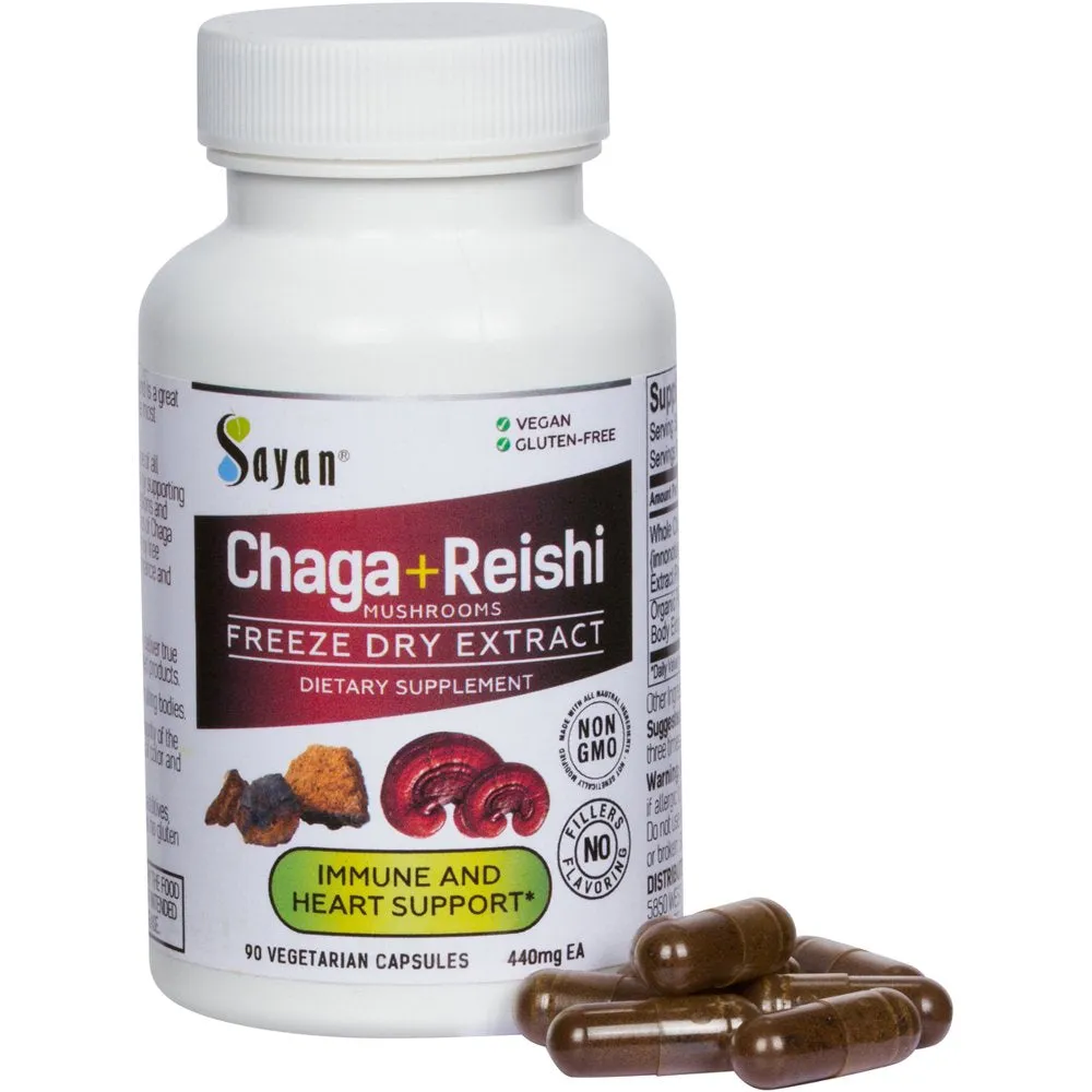 Sayan Siberian Chaga Mushroom Extract   Reishi, 90 Vegan Capsules Supplement & Chaga Tea, 20 Bags