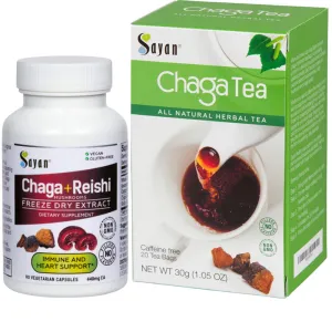 Sayan Siberian Chaga Mushroom Extract   Reishi, 90 Vegan Capsules Supplement & Chaga Tea, 20 Bags