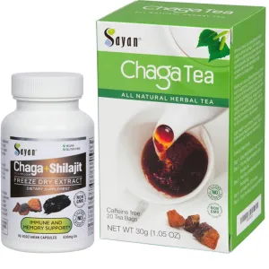Sayan Siberian Chaga Mushroom Extract  Shilajit, 90 Vegan Capsules Supplement & Chaga Tea 20 Bags