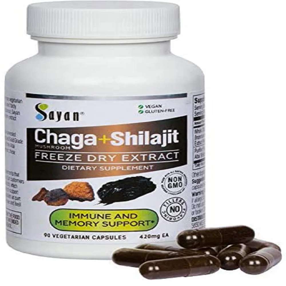Sayan Siberian Chaga Mushroom Extract  Shilajit, 90 Vegan Capsules Supplement & Chaga Tea 20 Bags