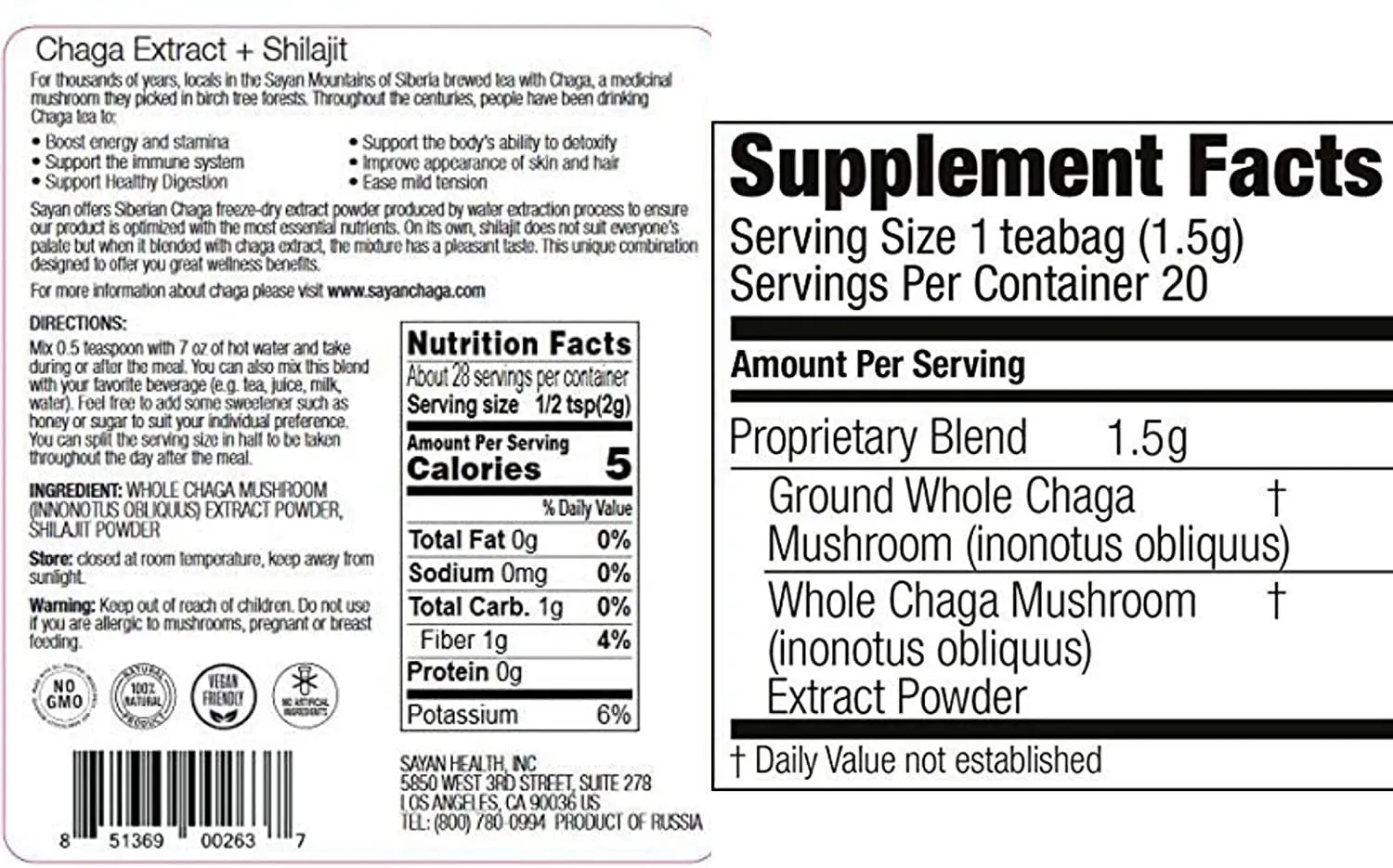 Sayan Siberian Chaga Mushroom Extract   Shilajit Powder 2 Oz & Chaga Tea, 1 Pack 20 Bags