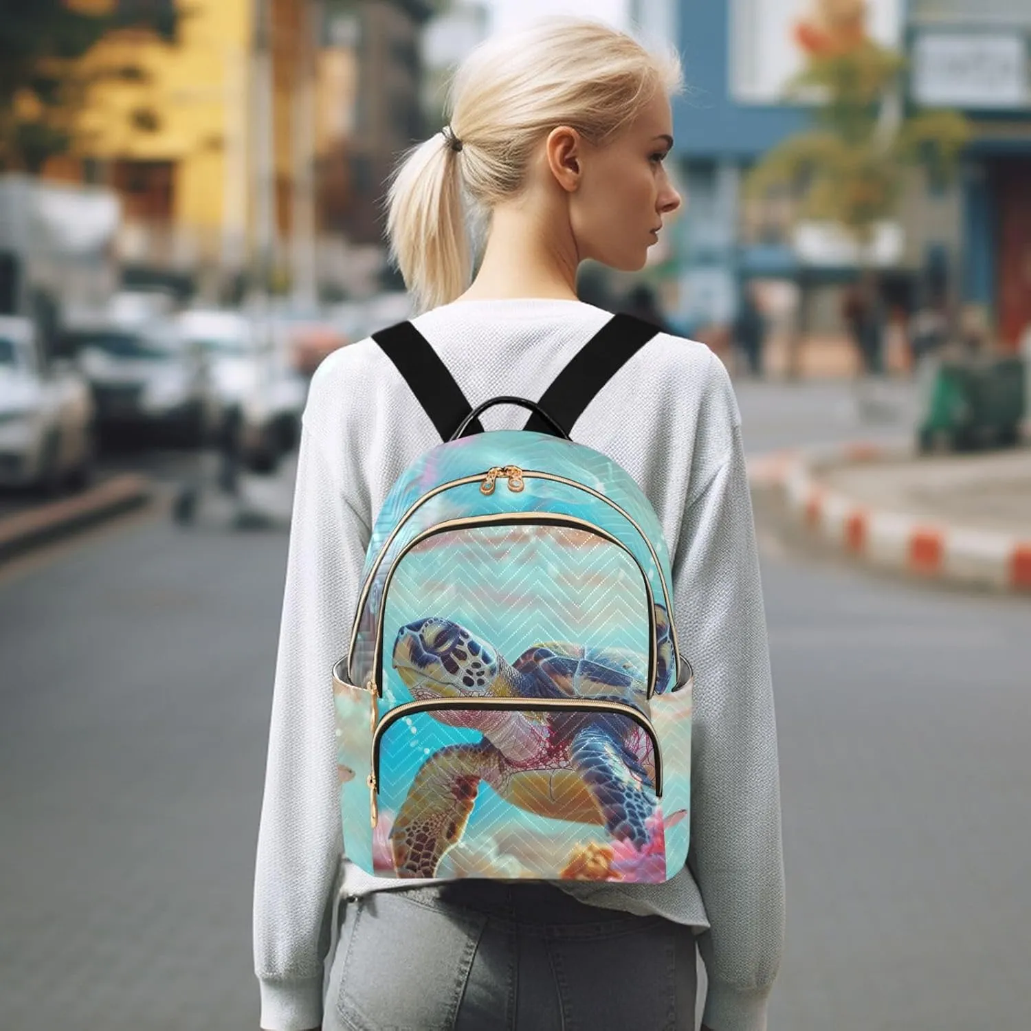 Sea Turtle Mini Backpack Women's Quilted Small Backpack Purse for Women College Fashion Travel Daypack Shoulder Bag