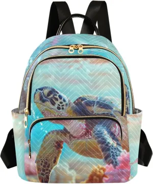 Sea Turtle Mini Backpack Women's Quilted Small Backpack Purse for Women College Fashion Travel Daypack Shoulder Bag