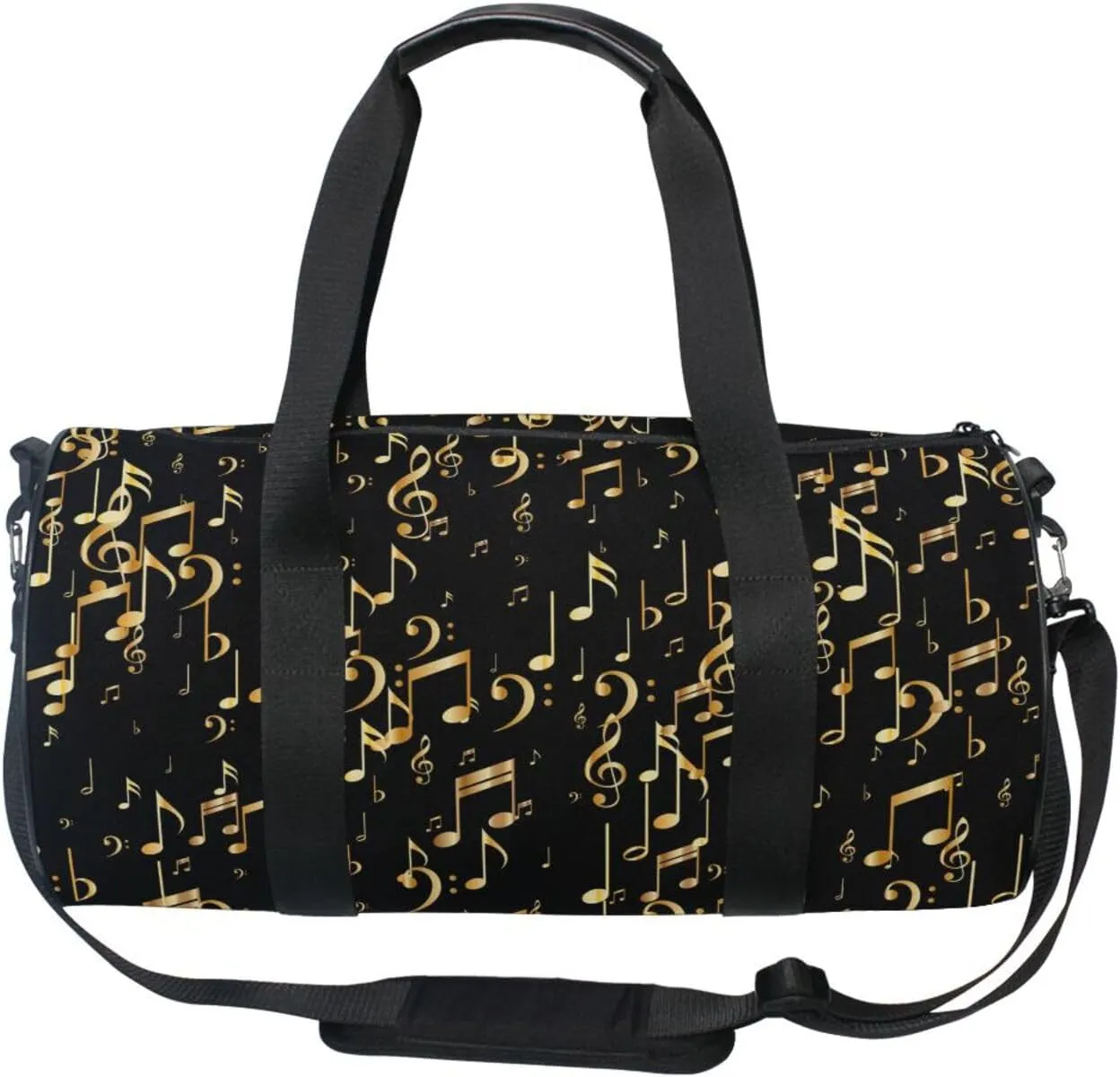 Seamless Concert Gold Music Notes and Signs on Black Portable Gym Bag, Travel Bag, Luggage bag, Sports Bag, Toiletry Bag with Handles, Detachable Shoulder Strap 17.6 x 9 x 9 inch