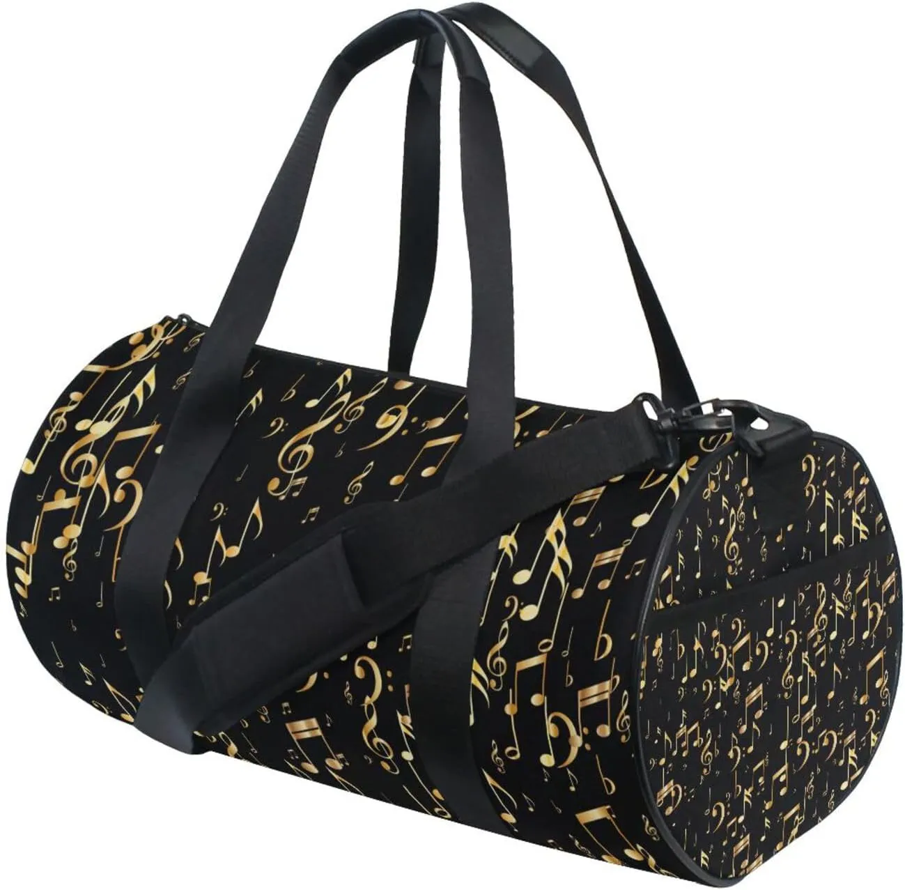 Seamless Concert Gold Music Notes and Signs on Black Portable Gym Bag, Travel Bag, Luggage bag, Sports Bag, Toiletry Bag with Handles, Detachable Shoulder Strap 17.6 x 9 x 9 inch