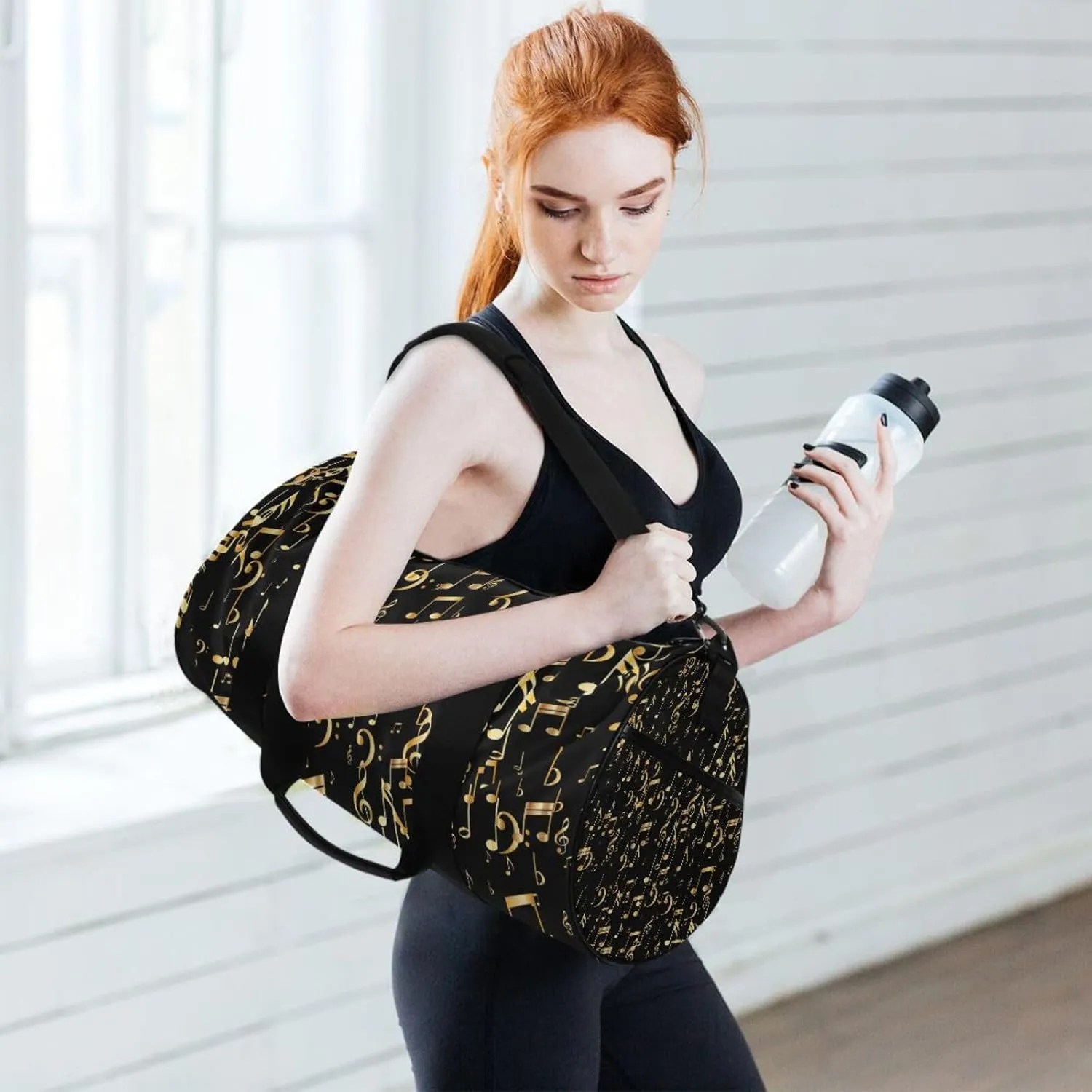 Seamless Concert Gold Music Notes and Signs on Black Portable Gym Bag, Travel Bag, Luggage bag, Sports Bag, Toiletry Bag with Handles, Detachable Shoulder Strap 17.6 x 9 x 9 inch