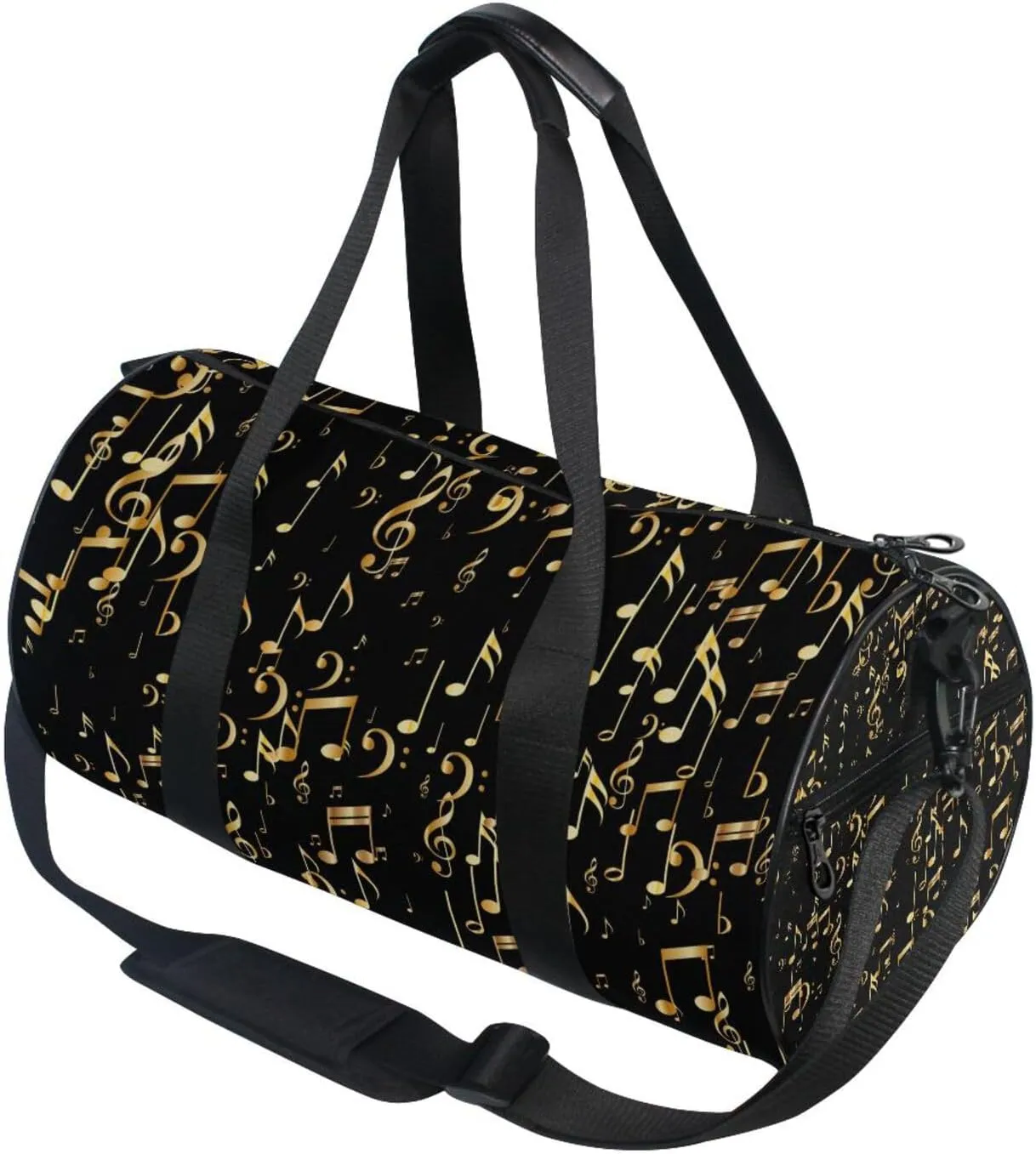 Seamless Concert Gold Music Notes and Signs on Black Portable Gym Bag, Travel Bag, Luggage bag, Sports Bag, Toiletry Bag with Handles, Detachable Shoulder Strap 17.6 x 9 x 9 inch