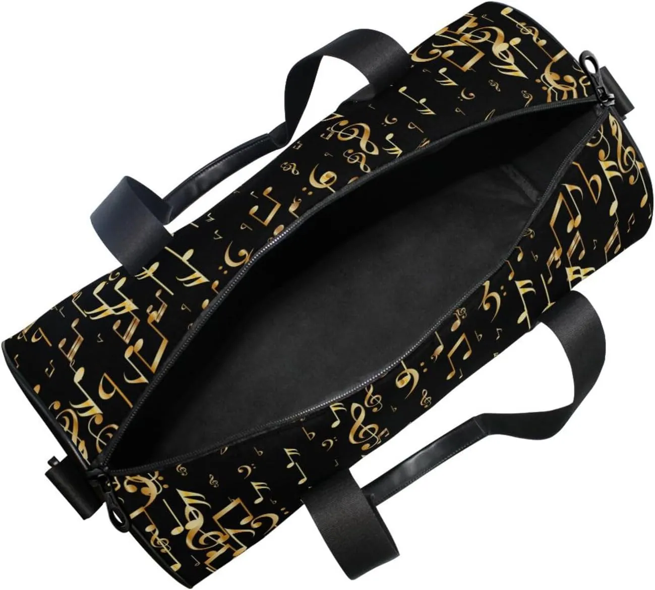 Seamless Concert Gold Music Notes and Signs on Black Portable Gym Bag, Travel Bag, Luggage bag, Sports Bag, Toiletry Bag with Handles, Detachable Shoulder Strap 17.6 x 9 x 9 inch