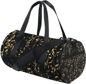 Seamless Concert Gold Music Notes and Signs on Black Portable Gym Bag, Travel Bag, Luggage bag, Sports Bag, Toiletry Bag with Handles, Detachable Shoulder Strap 17.6 x 9 x 9 inch