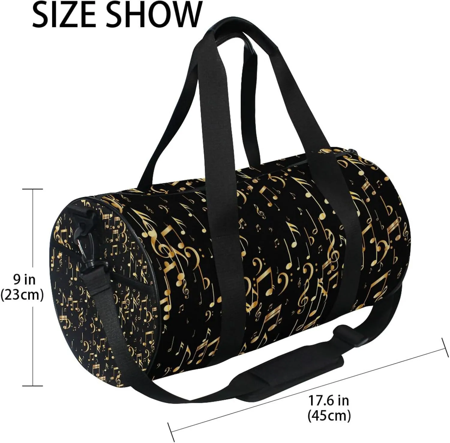 Seamless Concert Gold Music Notes and Signs on Black Portable Gym Bag, Travel Bag, Luggage bag, Sports Bag, Toiletry Bag with Handles, Detachable Shoulder Strap 17.6 x 9 x 9 inch