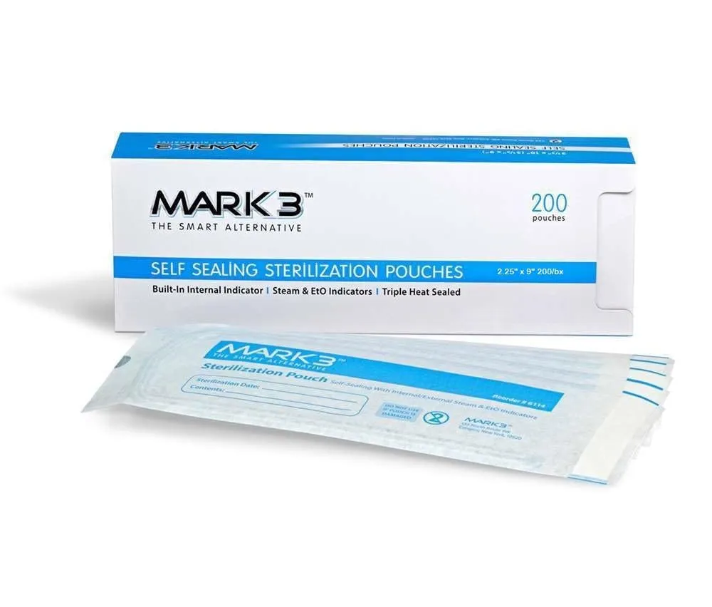 Self Sealing Sterilization Pouches 200/Bx 2.25" x 9" Instrument Autoclavable Adhesive Sterilizer Bags with Color Changing Indicator Steam