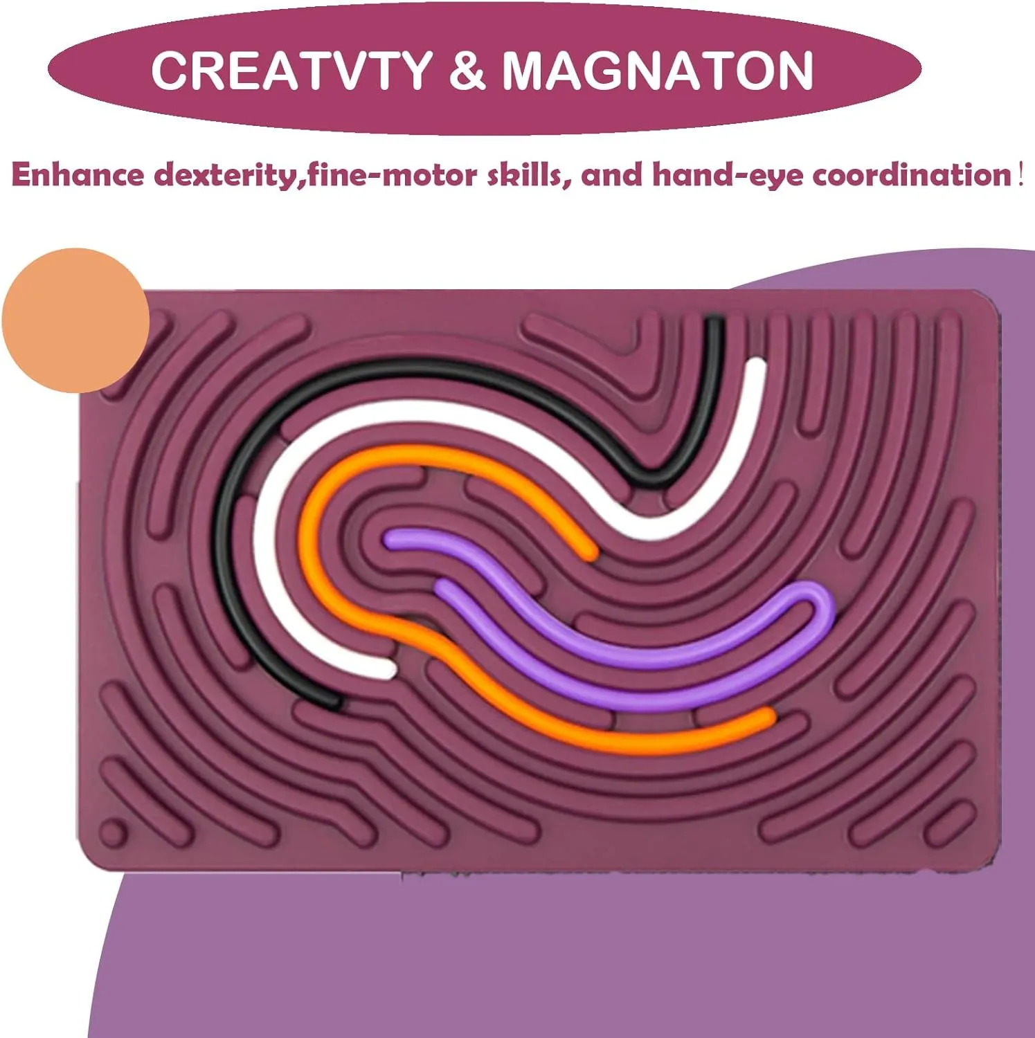 Sensory Activity Board, Double Side Silicone Design,Fidget Toy for ADHD & Autism,Calm Down, Stress, Anxiety, Kids 3  & Adults Activities for Travel,Portable with Travel Bag & 20 Strings,Purple
